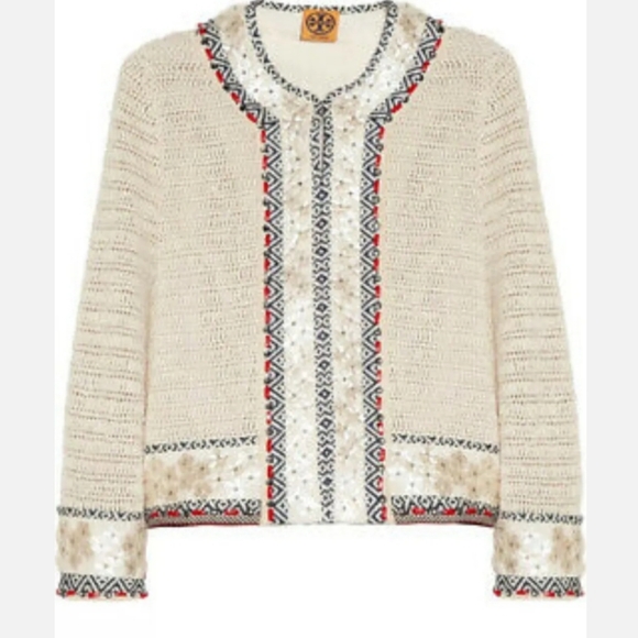 TORY BURCH Donovan Embellish Crochet Linen Jacket Sweater Cardigan. Medium. EUC - Picture 6 of 13